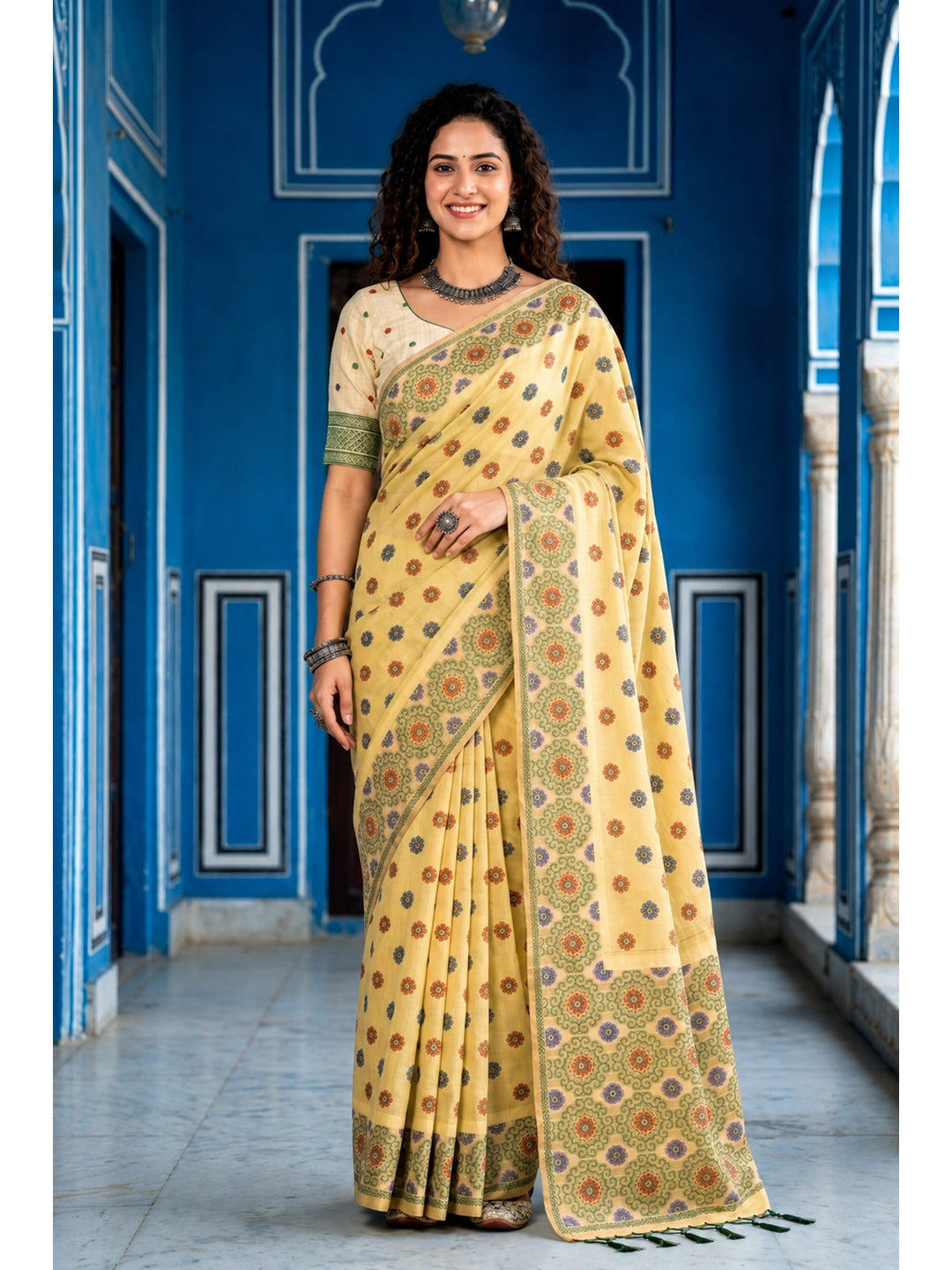 Peachmode Mustard Cotton Blend Aananya Saree - Image 1