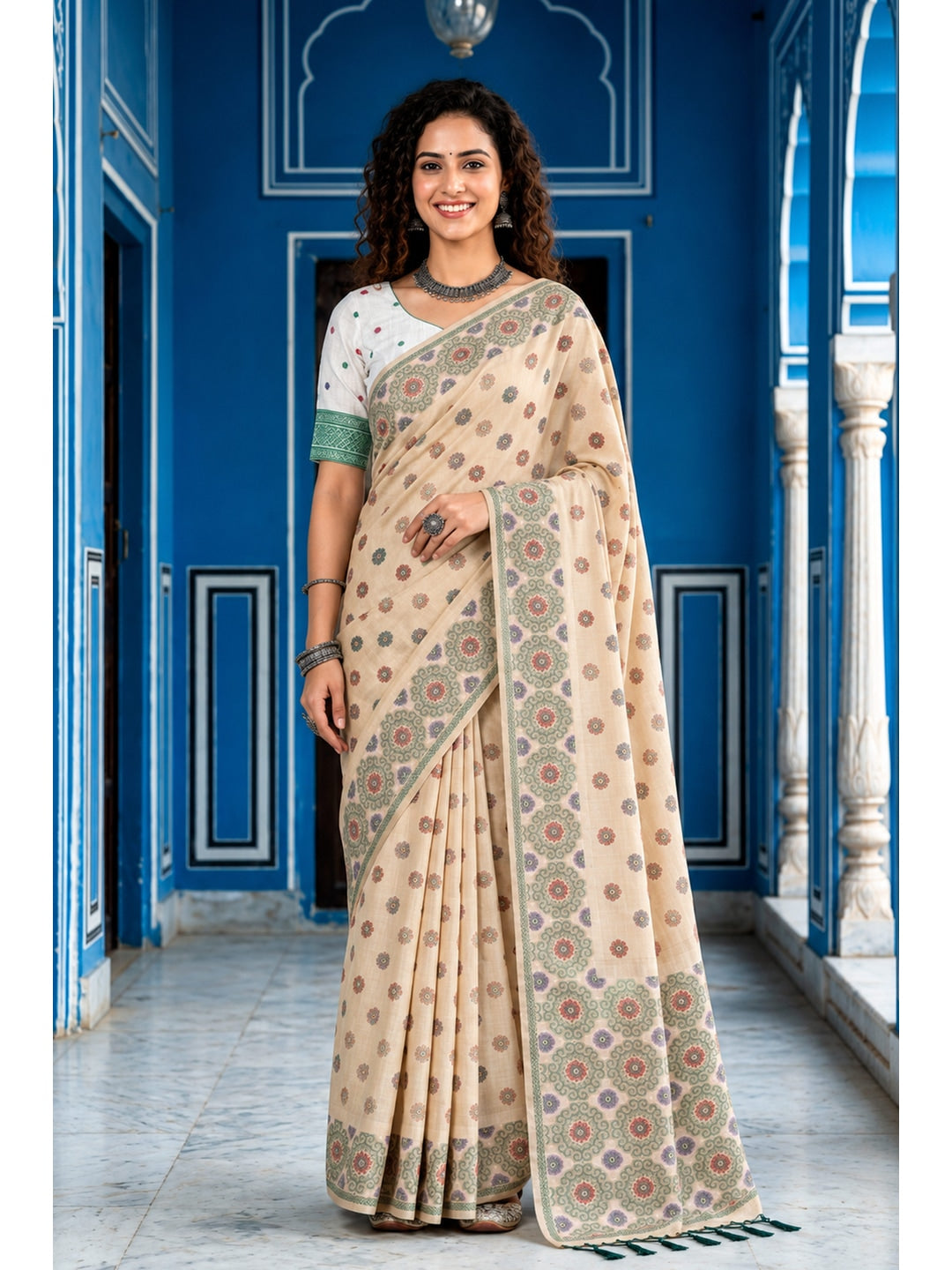 Peachmode Beige Cotton Blend Aananya Saree - Image 1