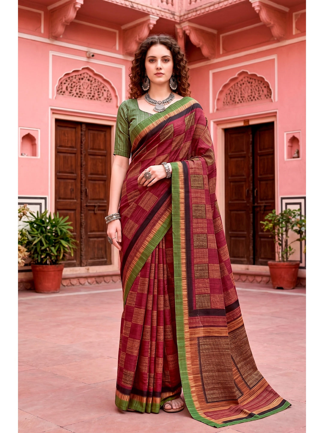 Peachmode Maroon Cotton Blend Aaradhya Saree - Image 1