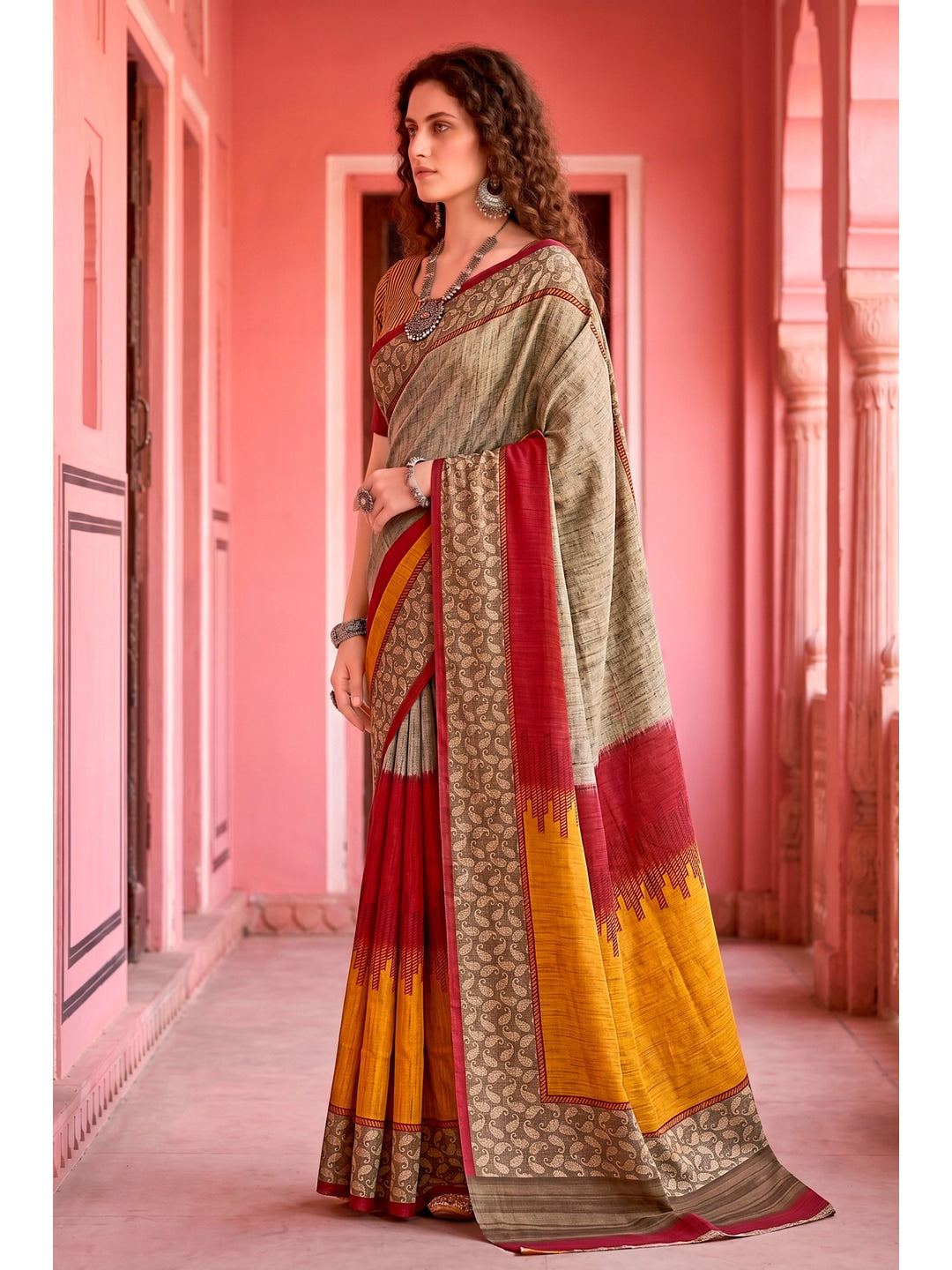 Peachmode Grey Cotton Blend Aaradhya Saree - Image 3