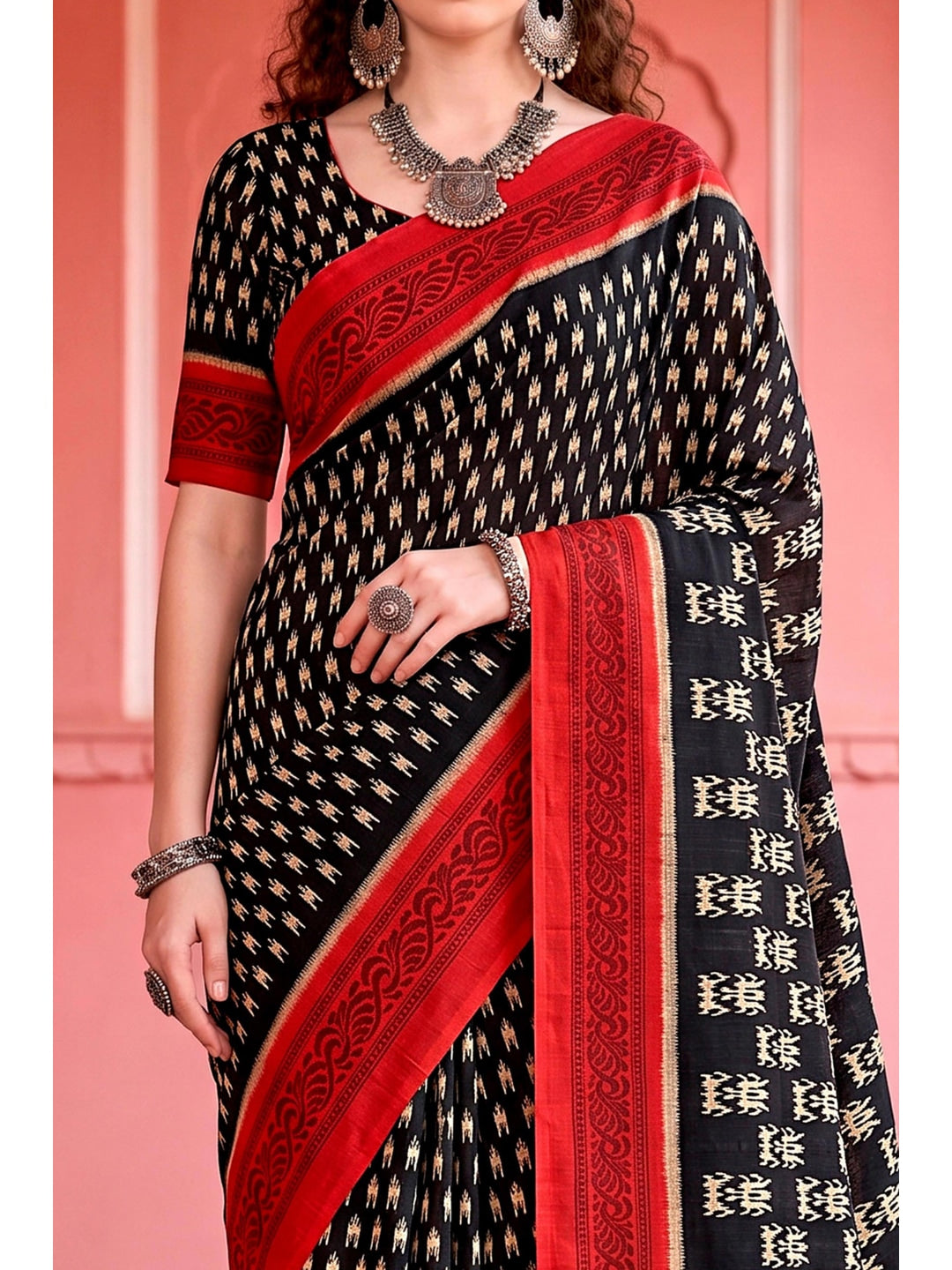 Peachmode Black Cotton Blend Aaradhya Saree - Image 5