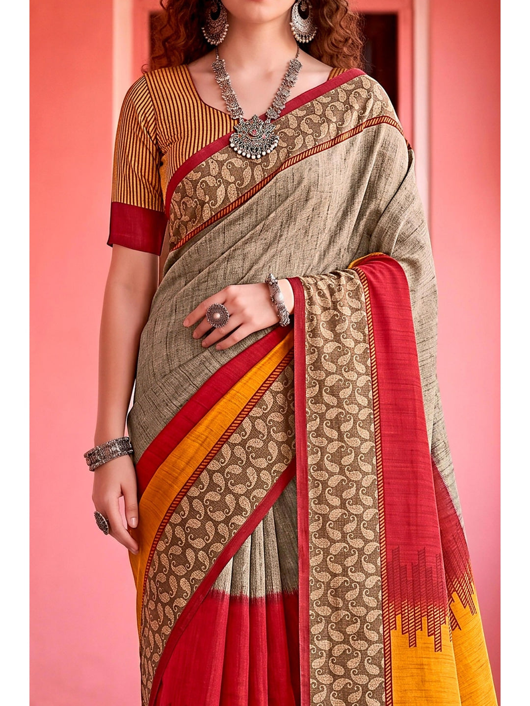 Peachmode Grey Cotton Blend Aaradhya Saree - Image 5