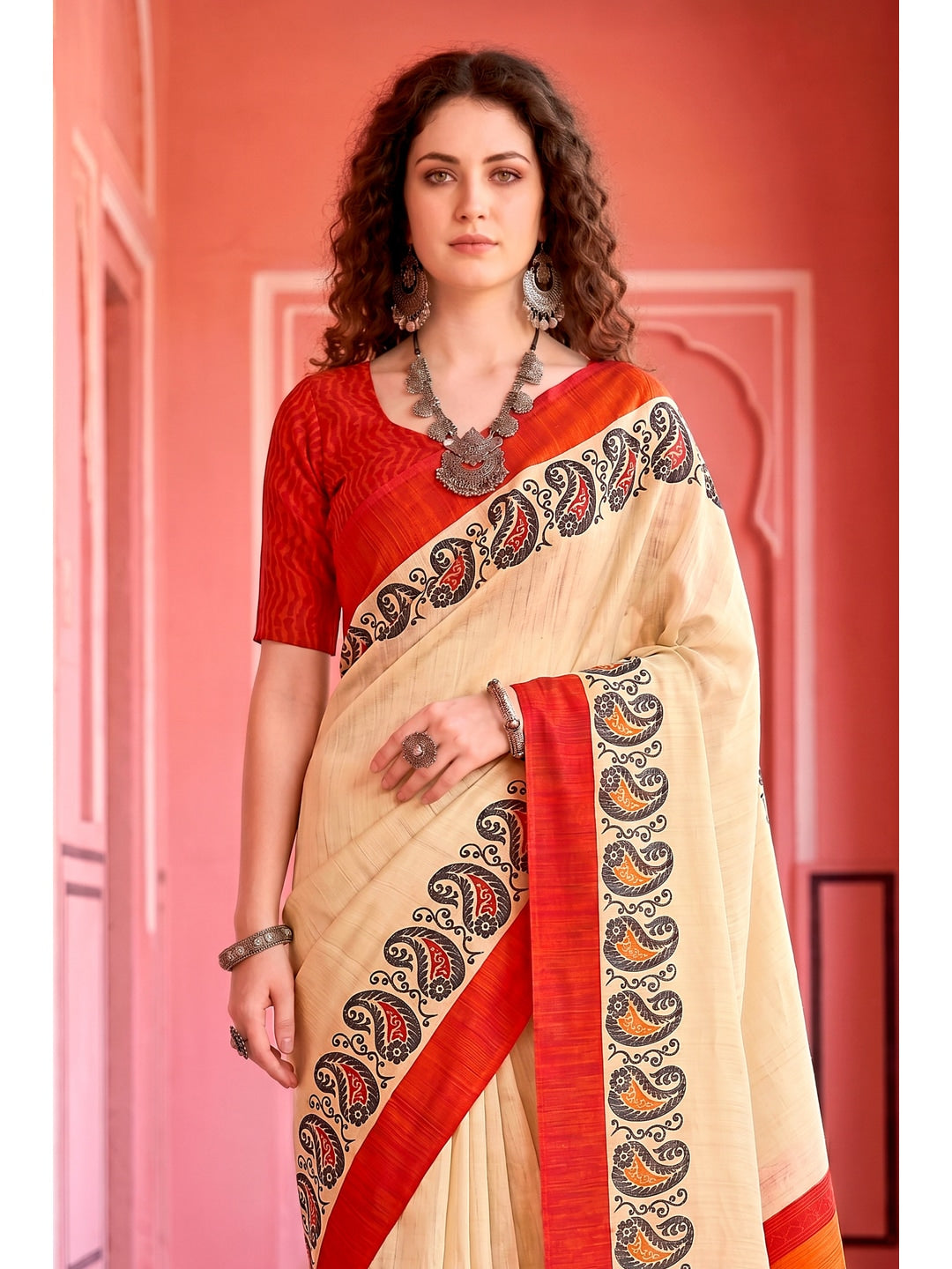 Peachmode Cream Cotton Blend Aaradhya Saree - Image 2