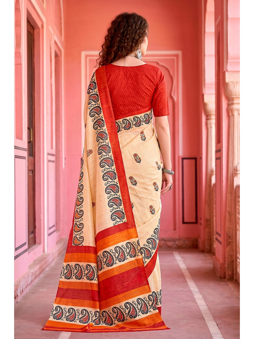 Peachmode Cream Cotton Blend Aaradhya Saree - Image 4