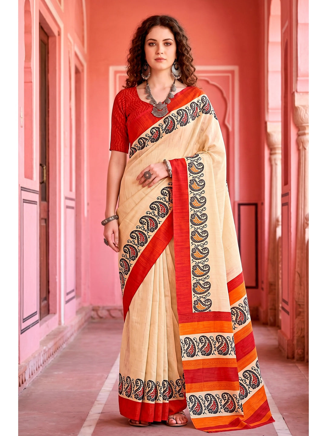 Peachmode Cream Cotton Blend Aaradhya Saree - Image 1
