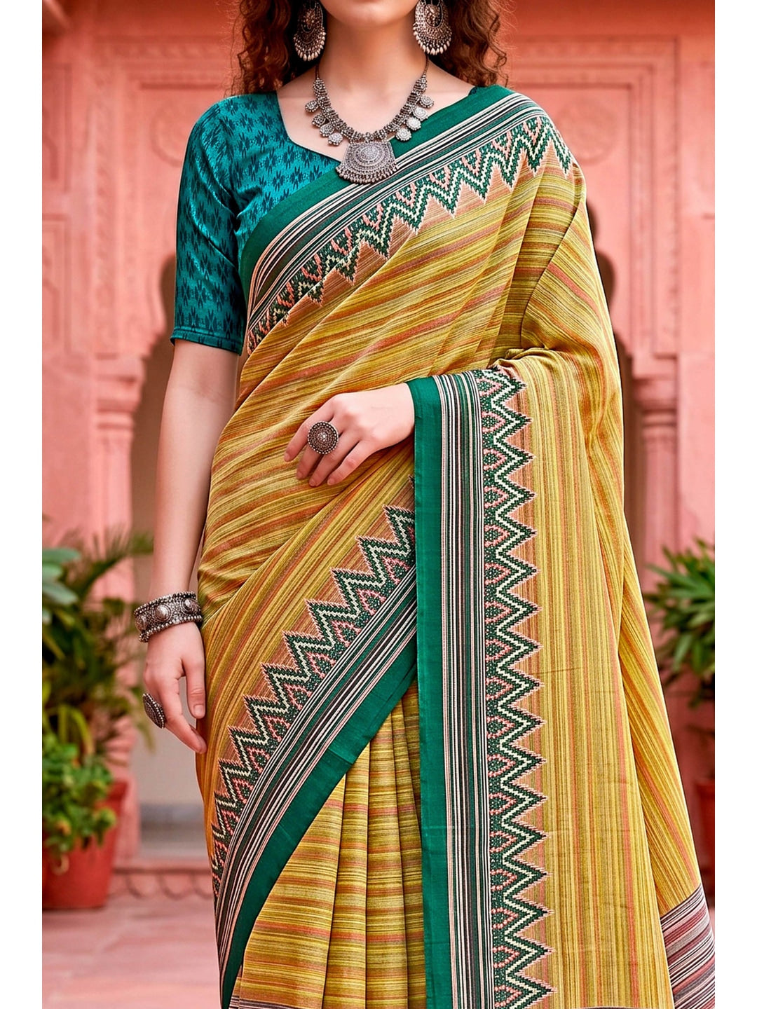 Peachmode Yellow Cotton Blend Aaradhya Saree - Image 5