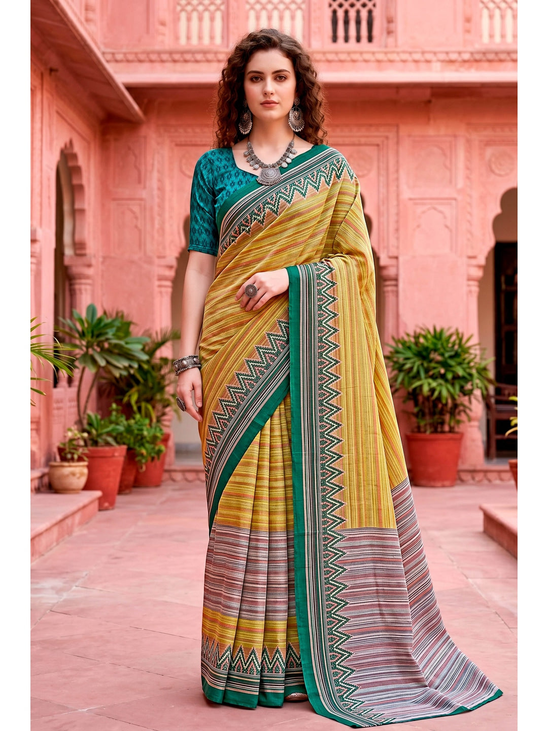 Peachmode Yellow Cotton Blend Aaradhya Saree - Image 1