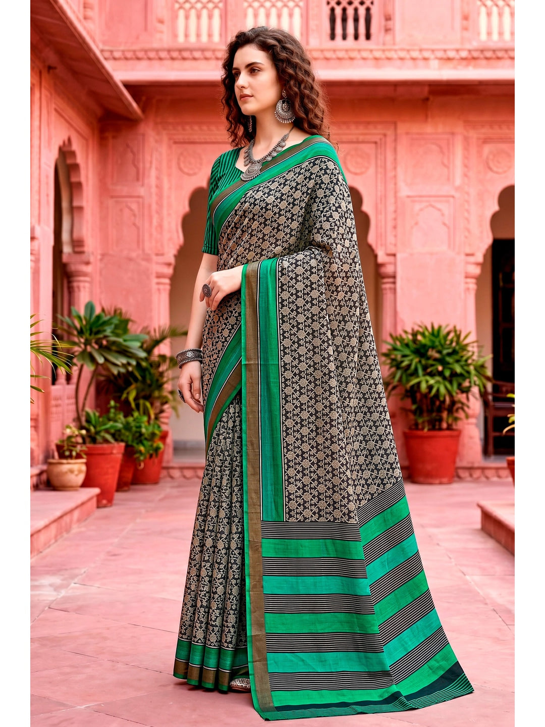 Peachmode Grey Cotton Blend Aaradhya Saree - Image 3