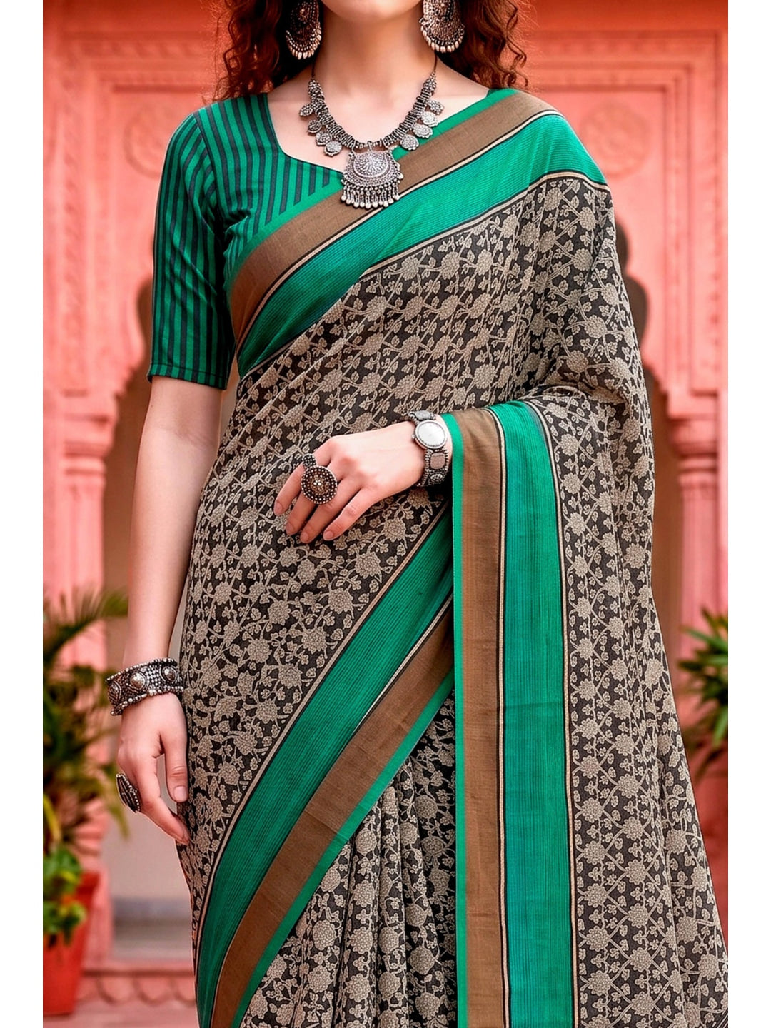 Peachmode Grey Cotton Blend Aaradhya Saree - Image 5