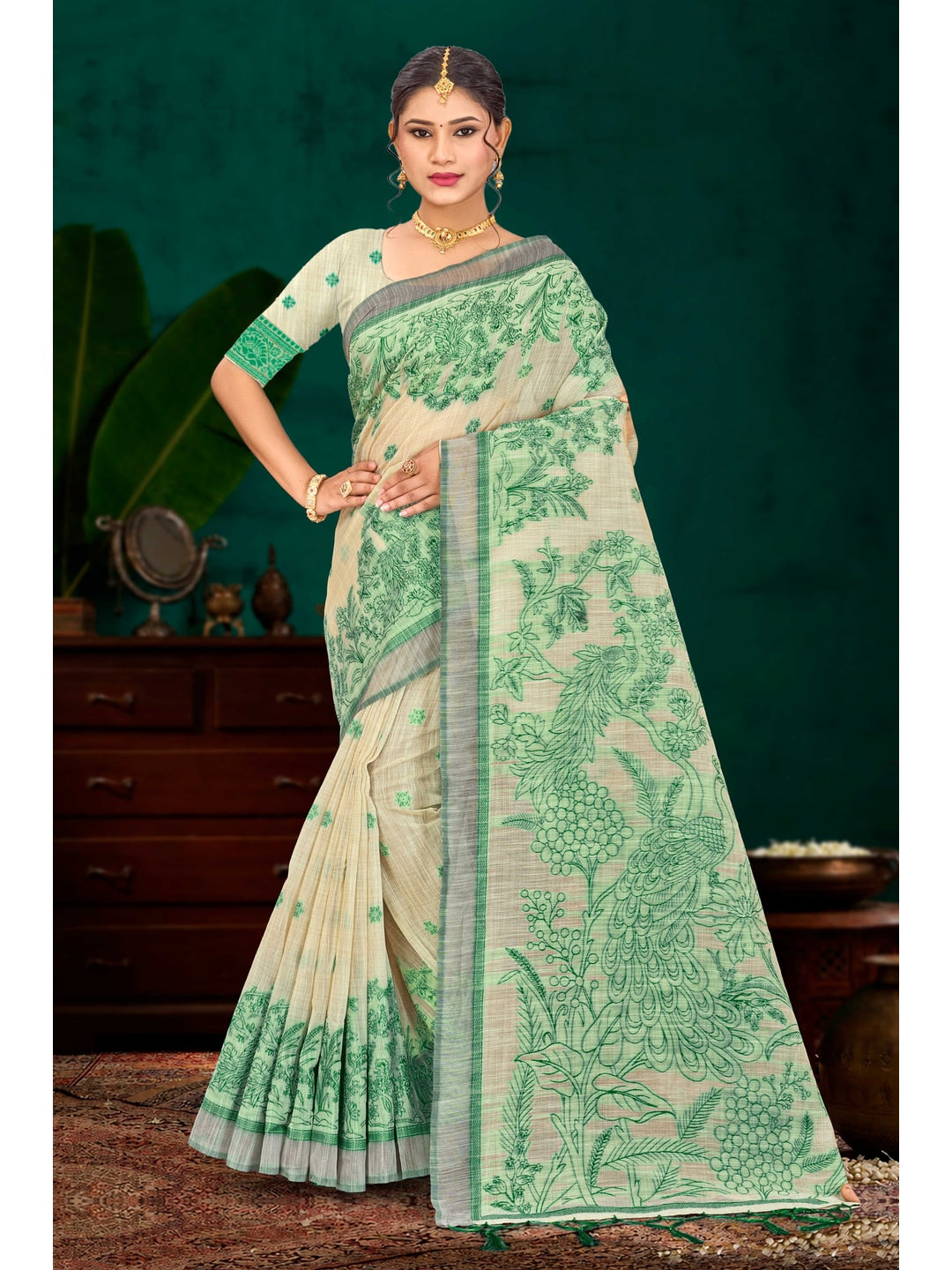 Peachmode Green Cotton Blend Aarika Cotton Saree - Image 1