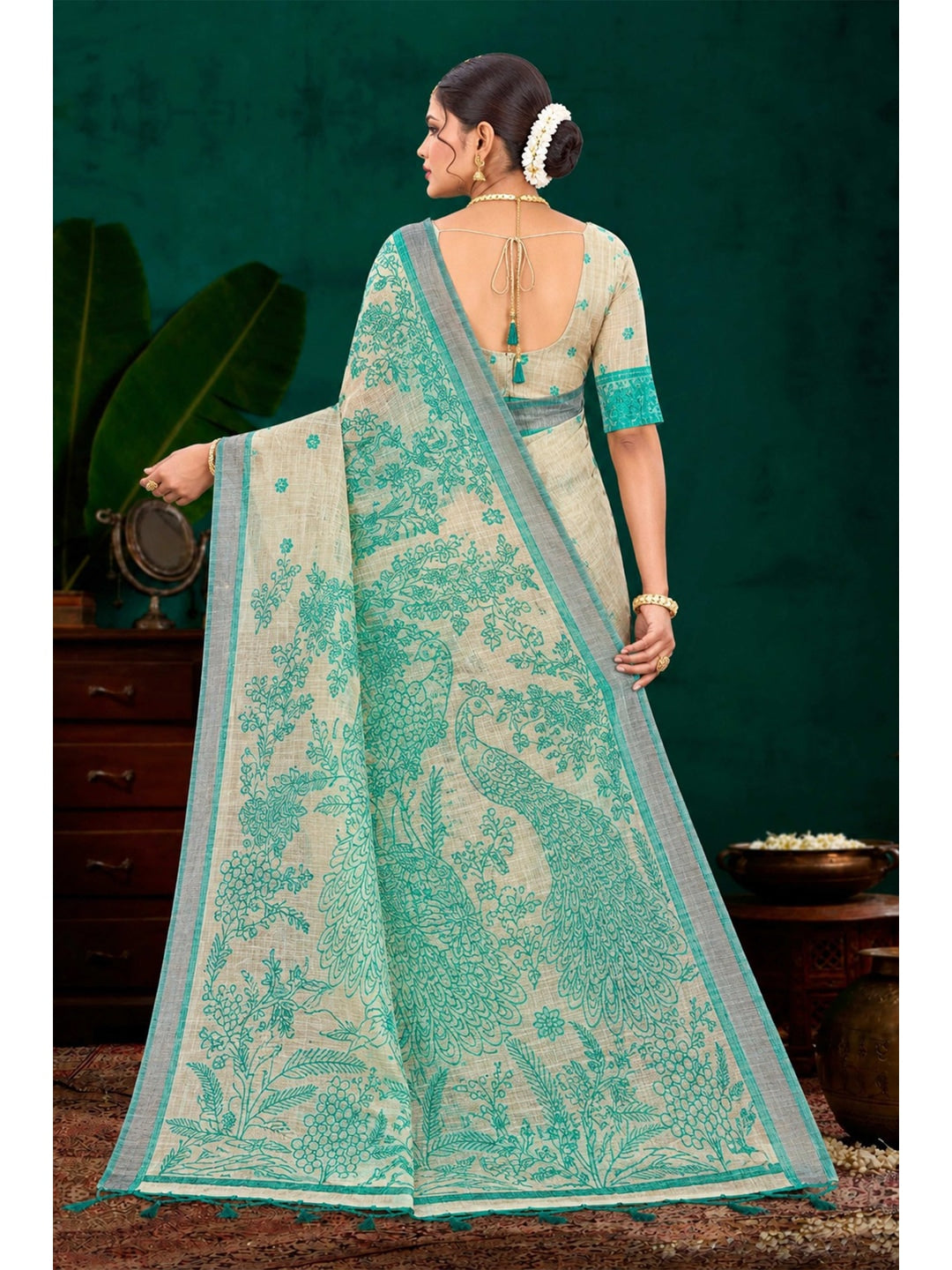 Peachmode Green Cotton Blend Aarika Cotton Saree - Image 4