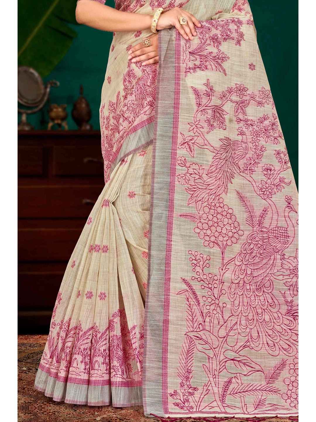 Peachmode Pink Cotton Blend Aarika Cotton Saree - Image 3