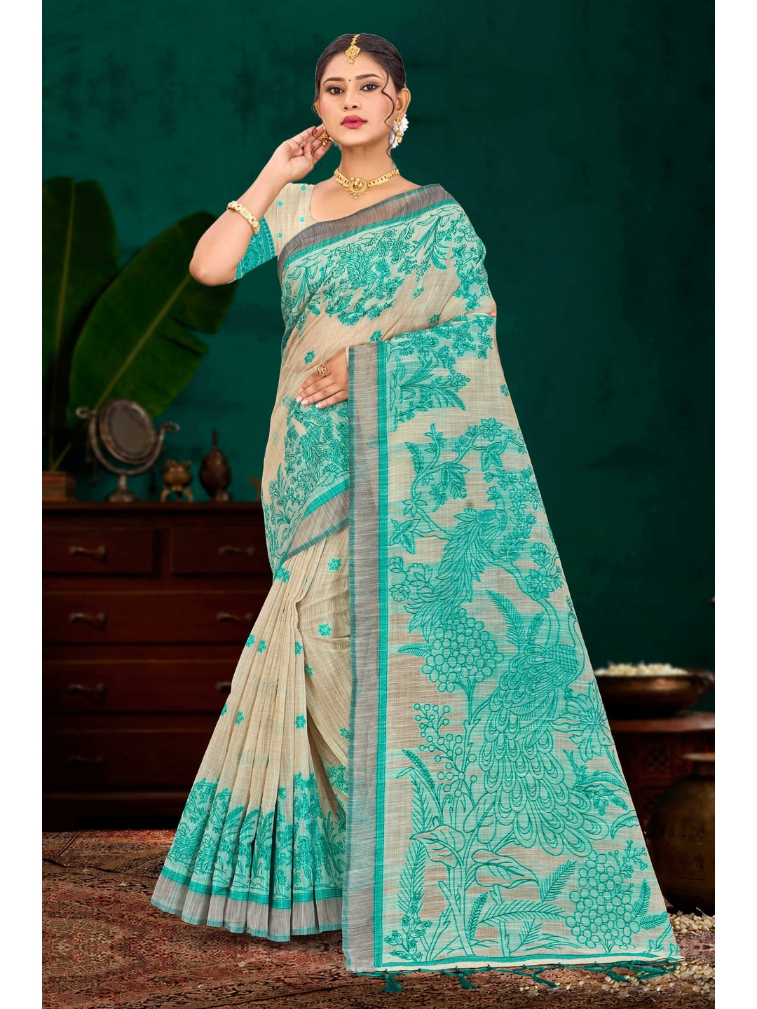 Peachmode Green Cotton Blend Aarika Cotton Saree - Image 1