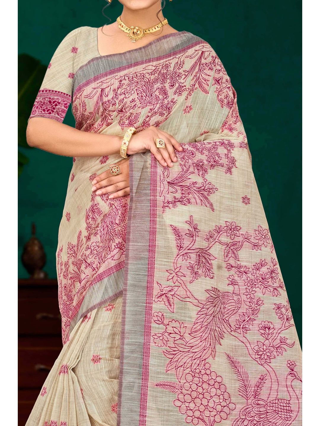 Peachmode Pink Cotton Blend Aarika Cotton Saree - Image 5