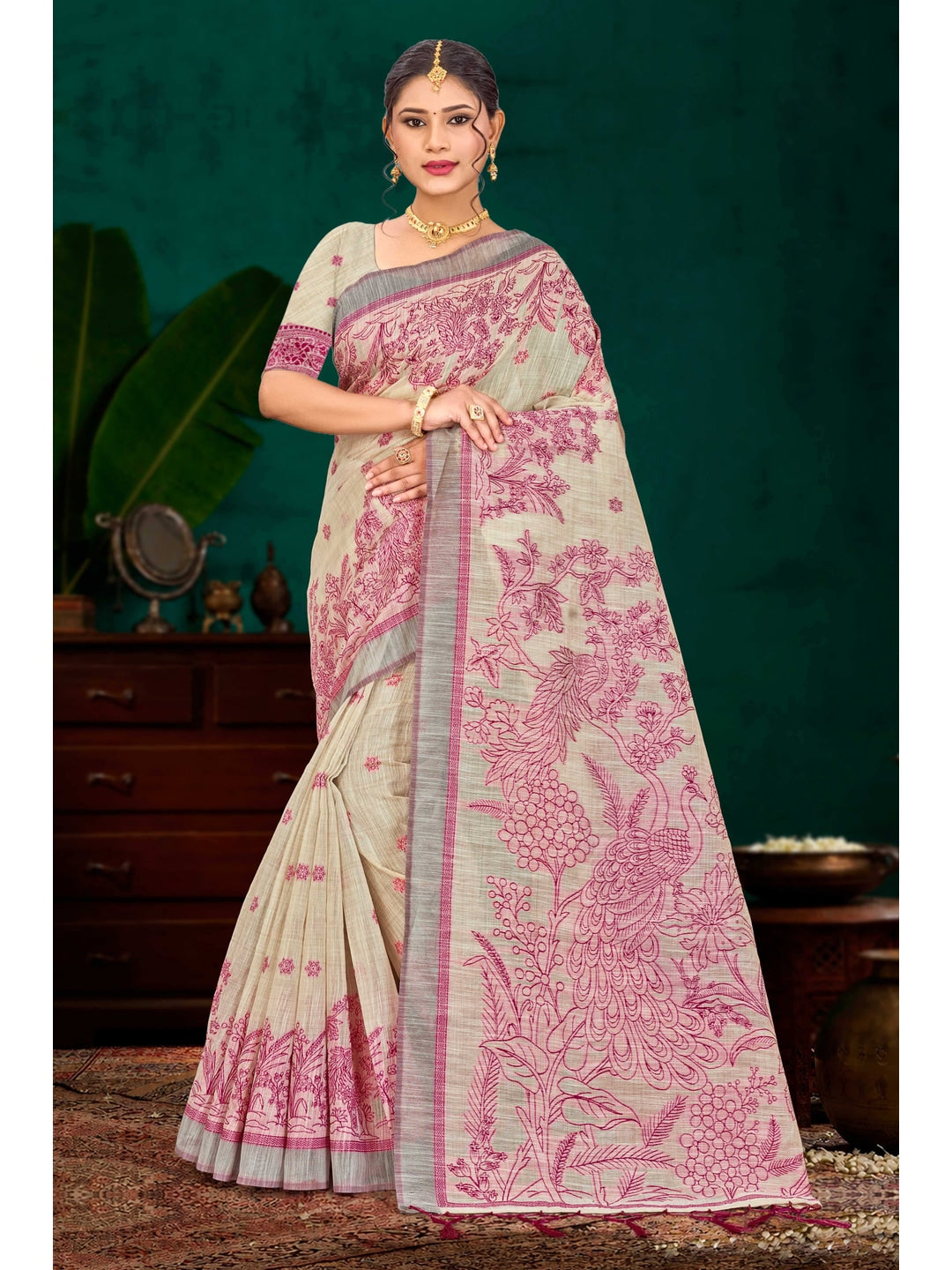Peachmode Pink Cotton Blend Aarika Cotton Saree - Image 1