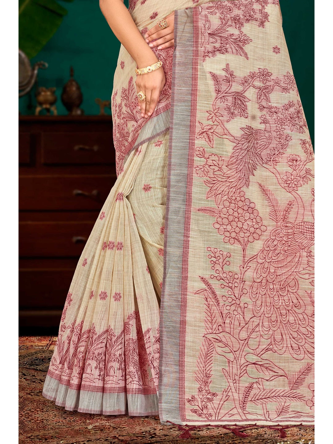 Peachmode Maroon Cotton Blend Aarika Cotton Saree - Image 3