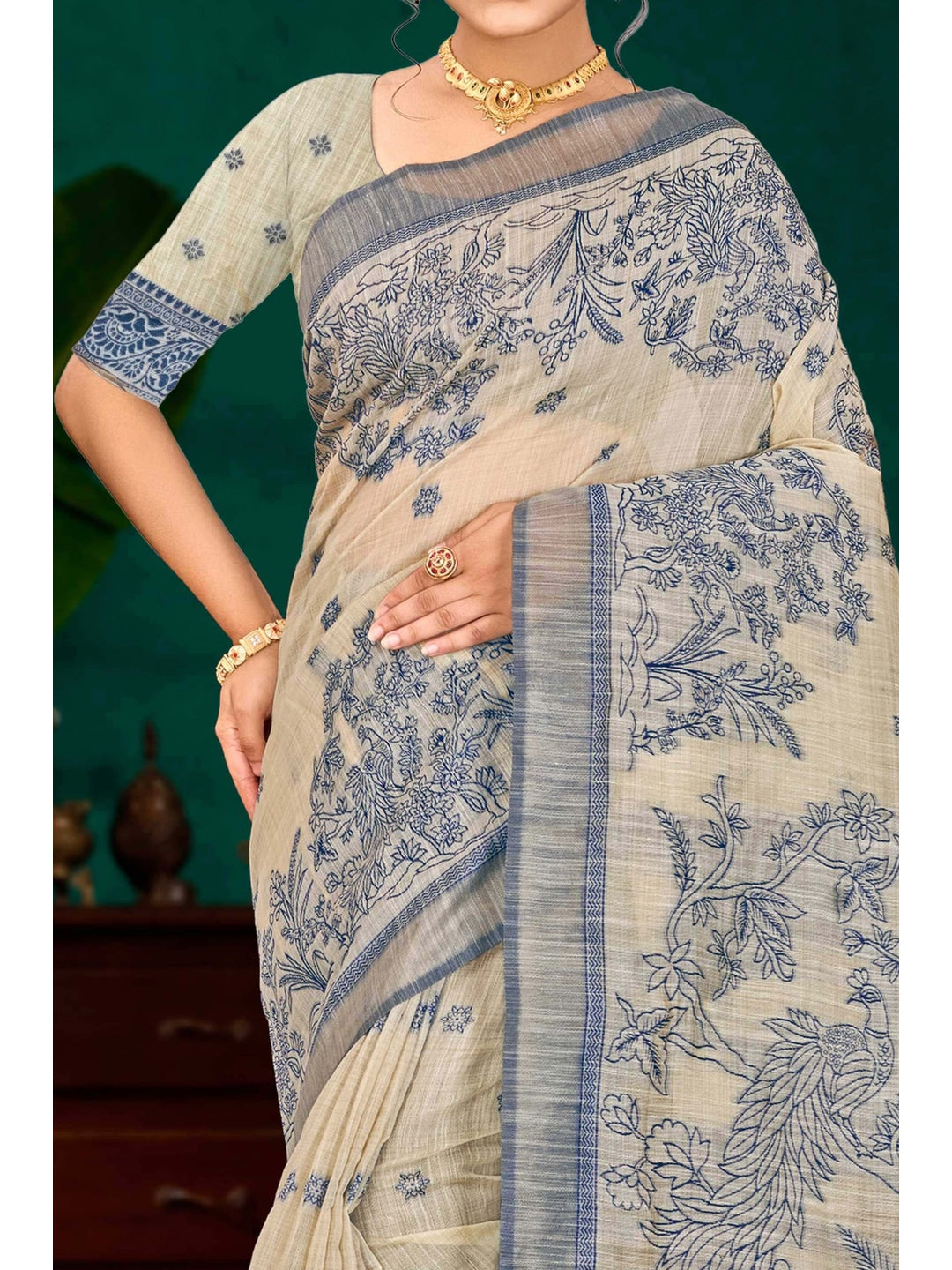 Peachmode Navy Blue Cotton Blend Aarika Cotton Saree - Image 5