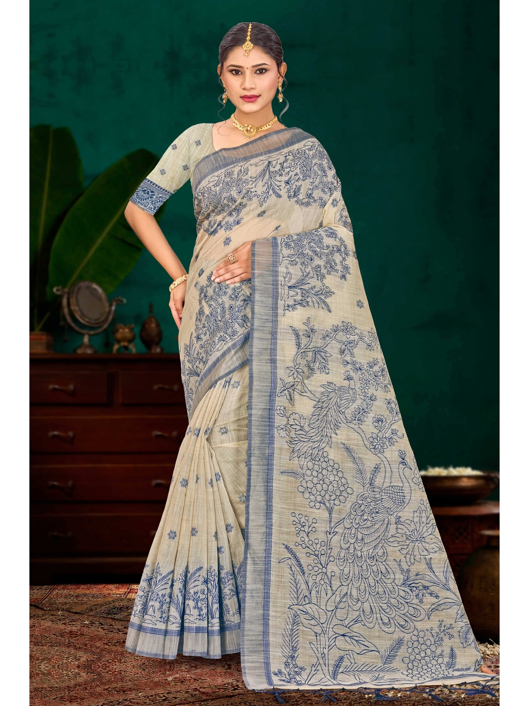 Peachmode Navy Blue Cotton Blend Aarika Cotton Saree - Image 1