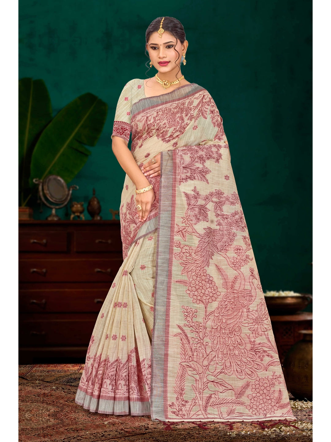 Peachmode Maroon Cotton Blend Aarika Cotton Saree - Image 1