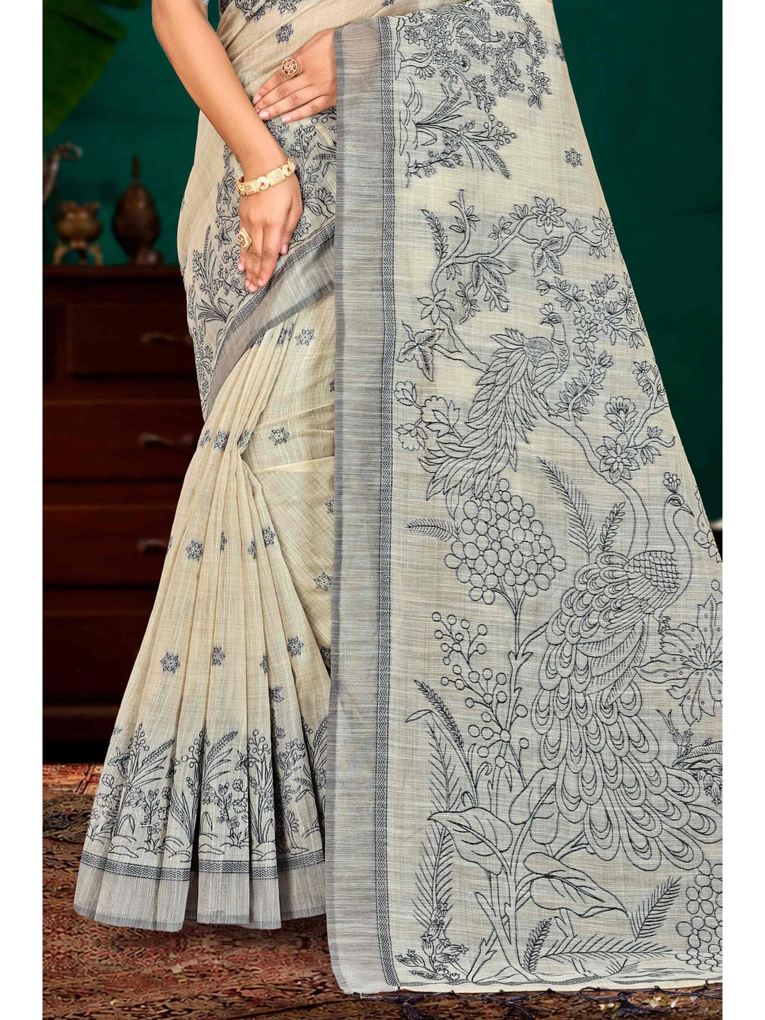 Peachmode Grey Cotton Blend Aarika Cotton Saree - Image 3