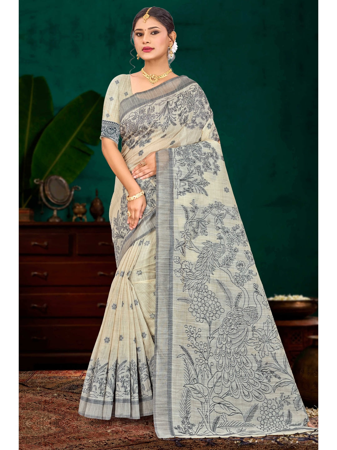 Peachmode Grey Cotton Blend Aarika Cotton Saree - Image 1