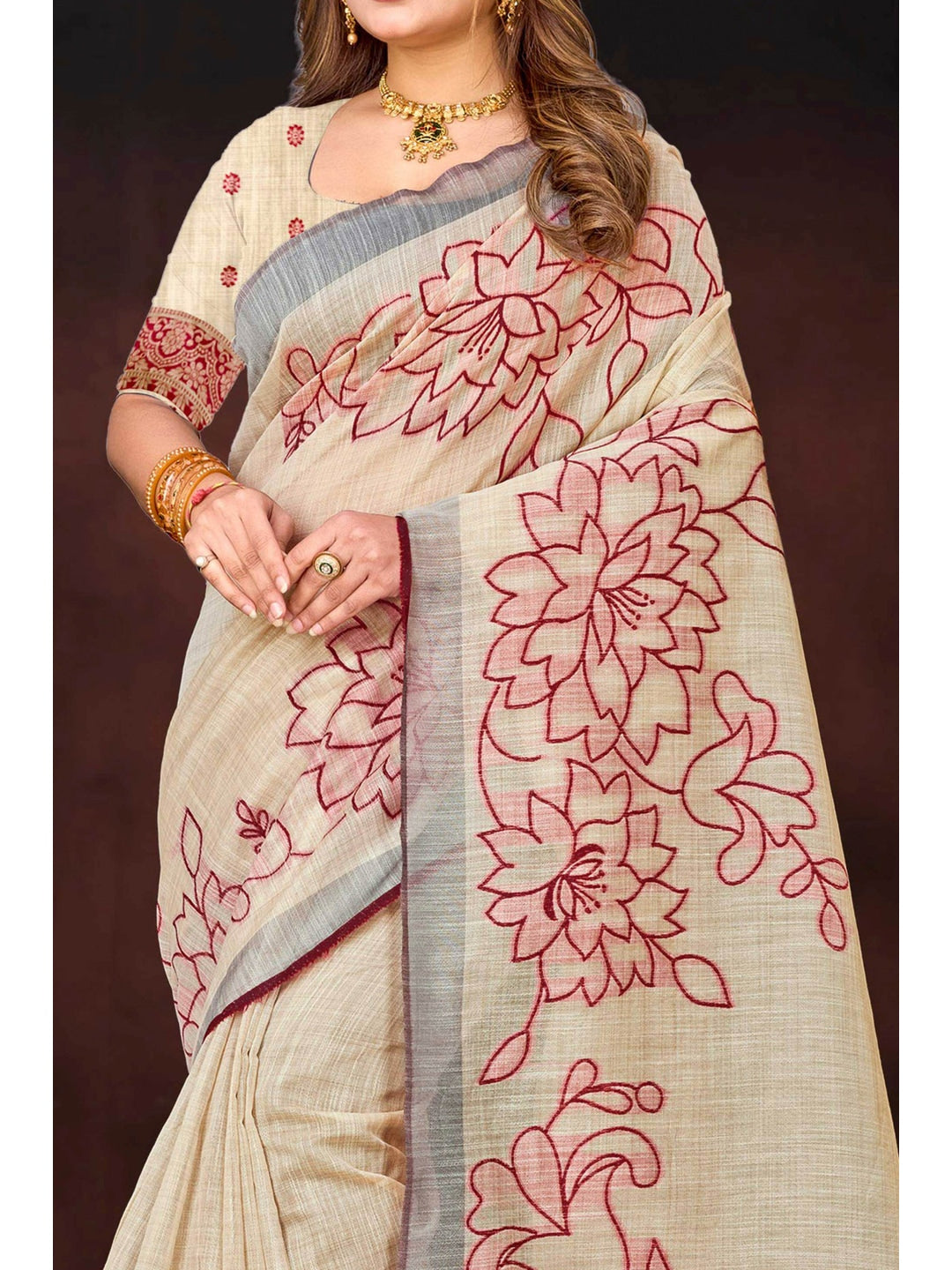 Peachmode Maroon Cotton Blend Aarika Cotton Saree - Image 5