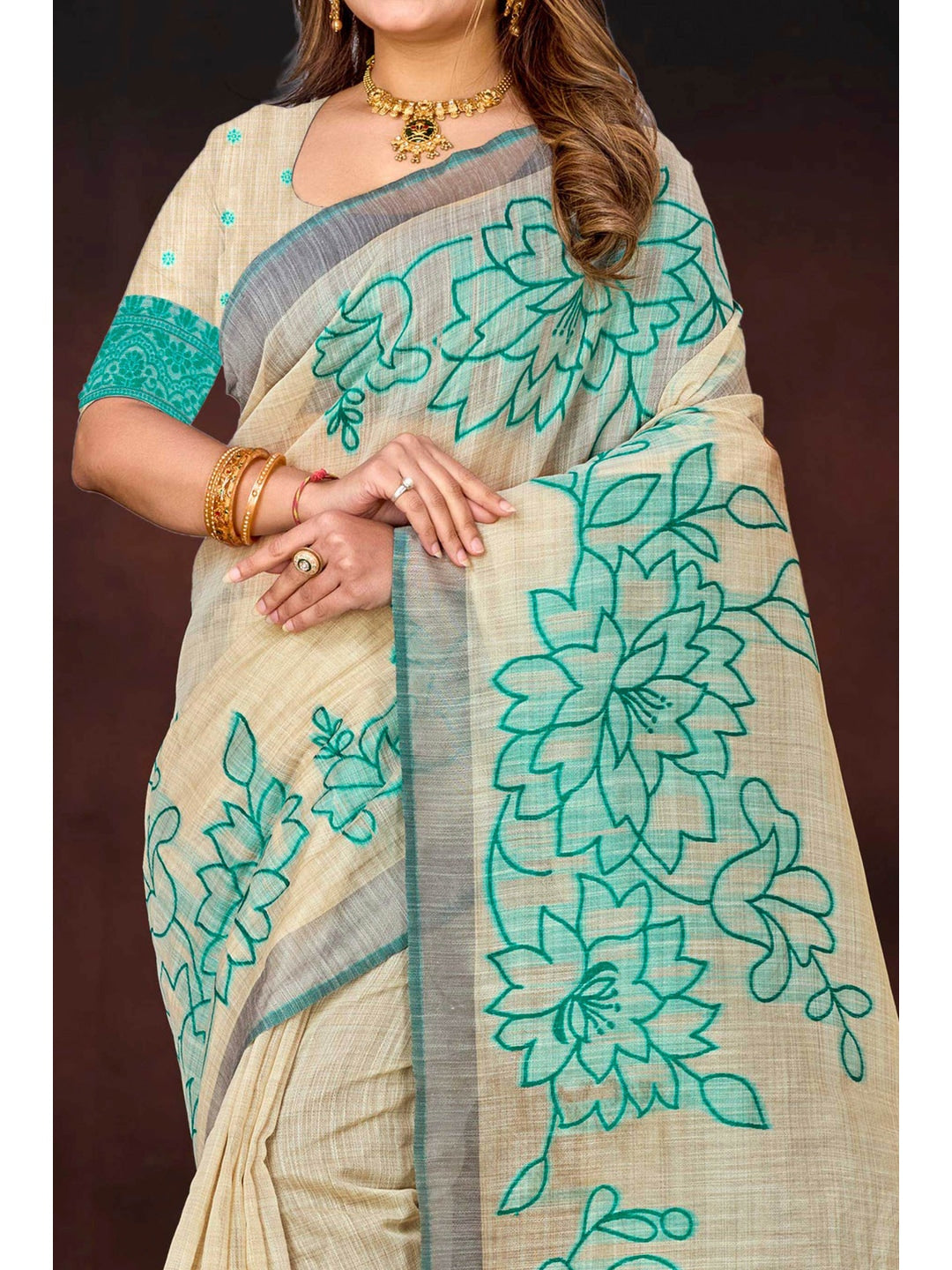 Peachmode Aqua Green Cotton Blend Aarika Cotton new_2 Saree - Image 5
