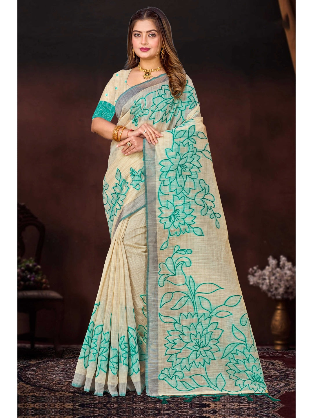 Peachmode Aqua Green Cotton Blend Aarika Cotton new_2 Saree - Image 1