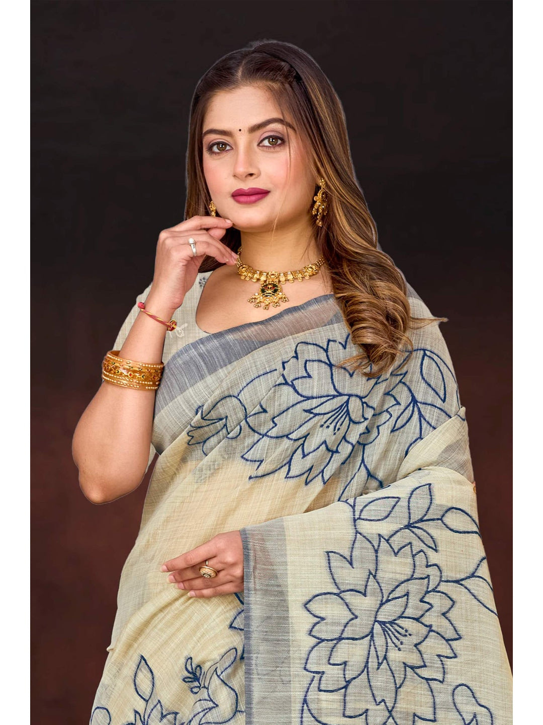 Peachmode Navy Blue Cotton Blend Aarika Cotton Saree - Image 2