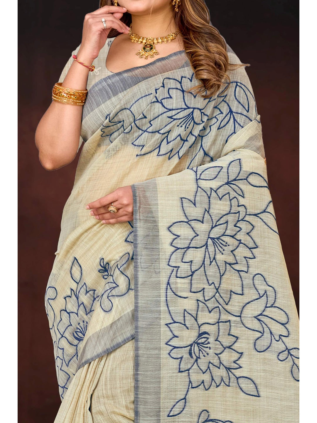Peachmode Navy Blue Cotton Blend Aarika Cotton Saree - Image 5