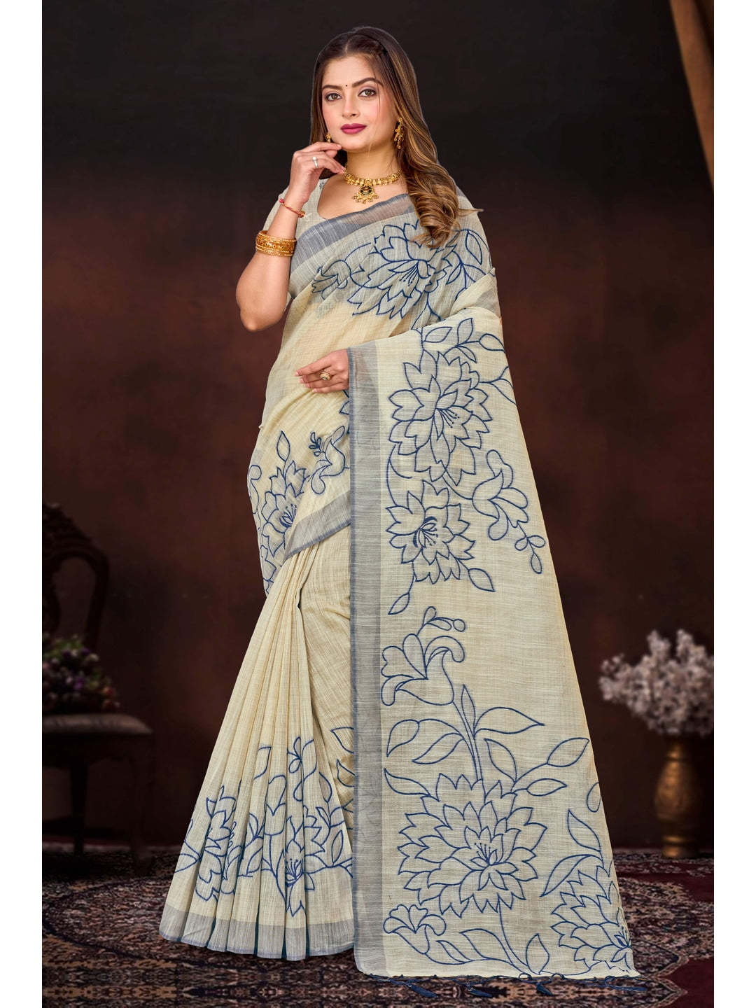 Peachmode Navy Blue Cotton Blend Aarika Cotton Saree - Image 1