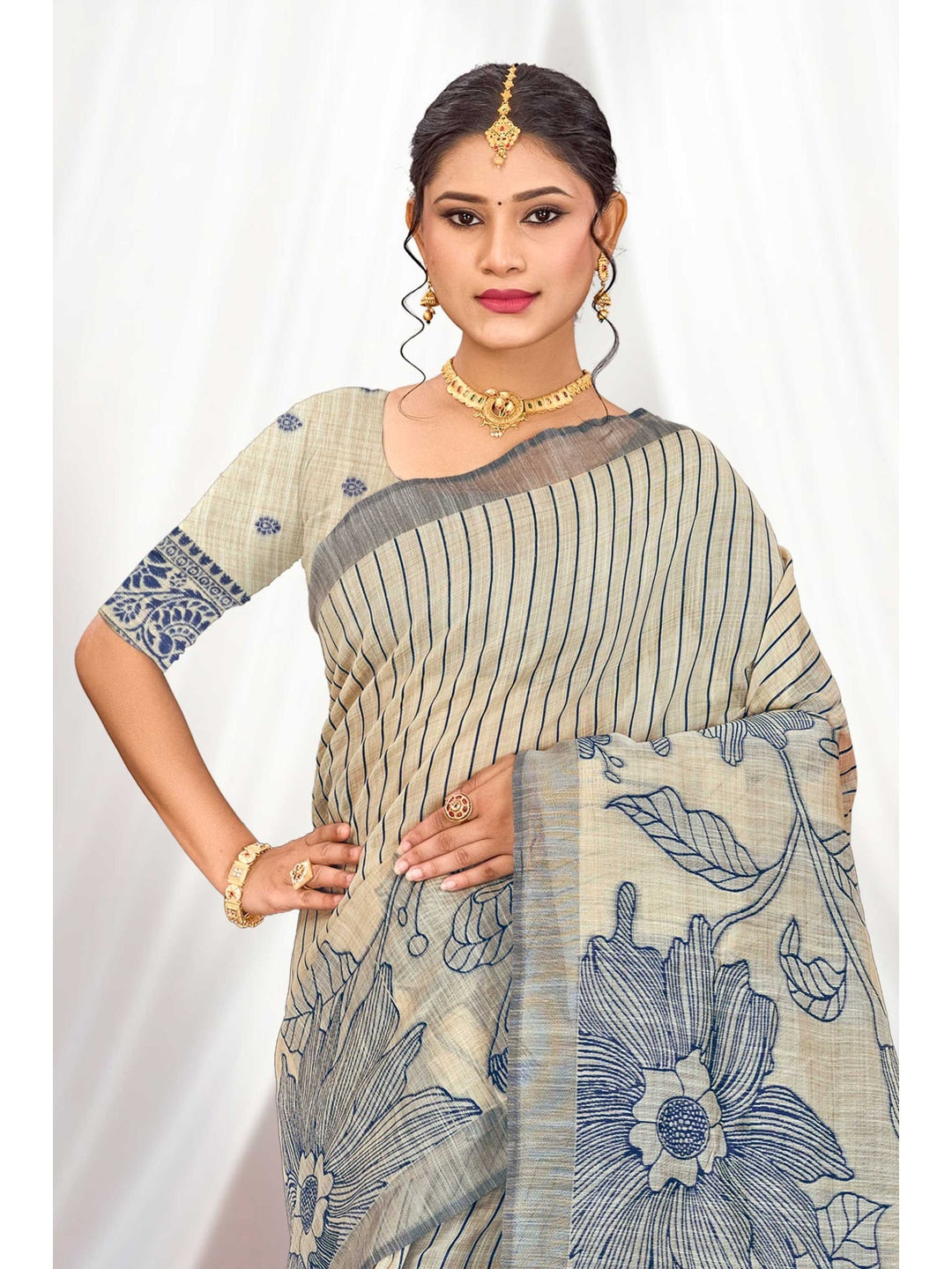 Peachmode Navy Blue Cotton Blend Aarika Cotton Saree - Image 2