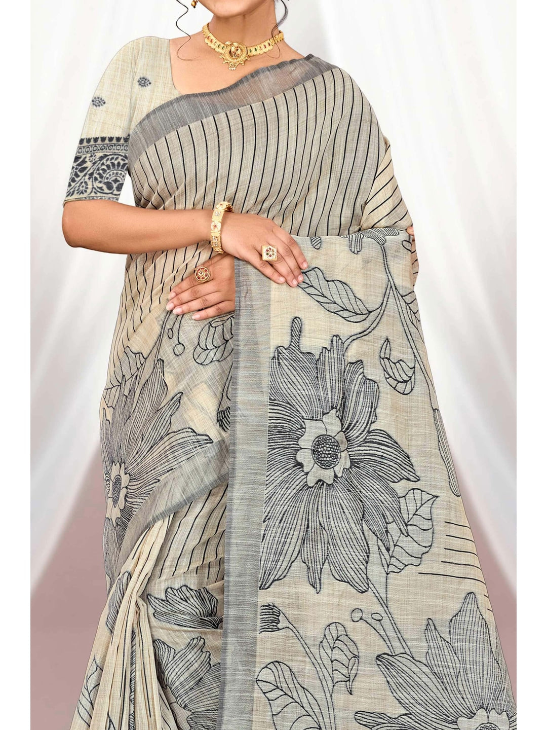 Peachmode Grey Cotton Blend Aarika Cotton Saree - Image 5