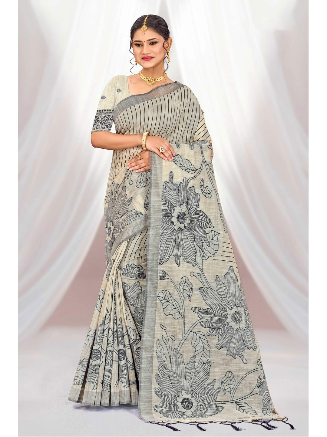 Peachmode Grey Cotton Blend Aarika Cotton Saree - Image 1