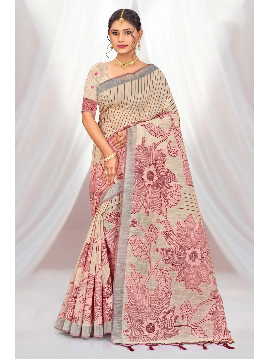 Peachmode Maroon Cotton Blend Aarika Cotton Saree - Image 1