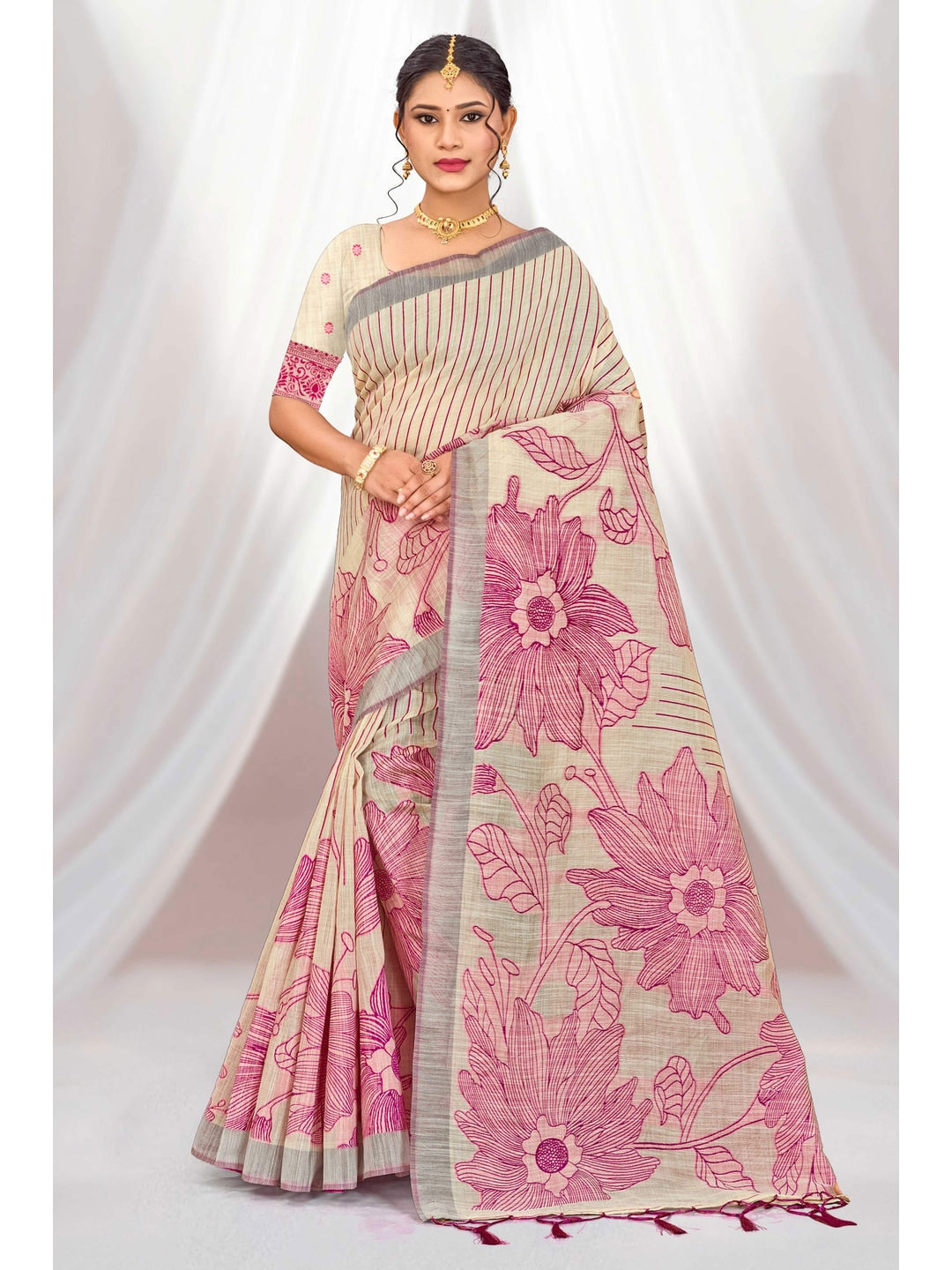 Peachmode Pink Cotton Blend Aarika Cotton Saree - Image 1