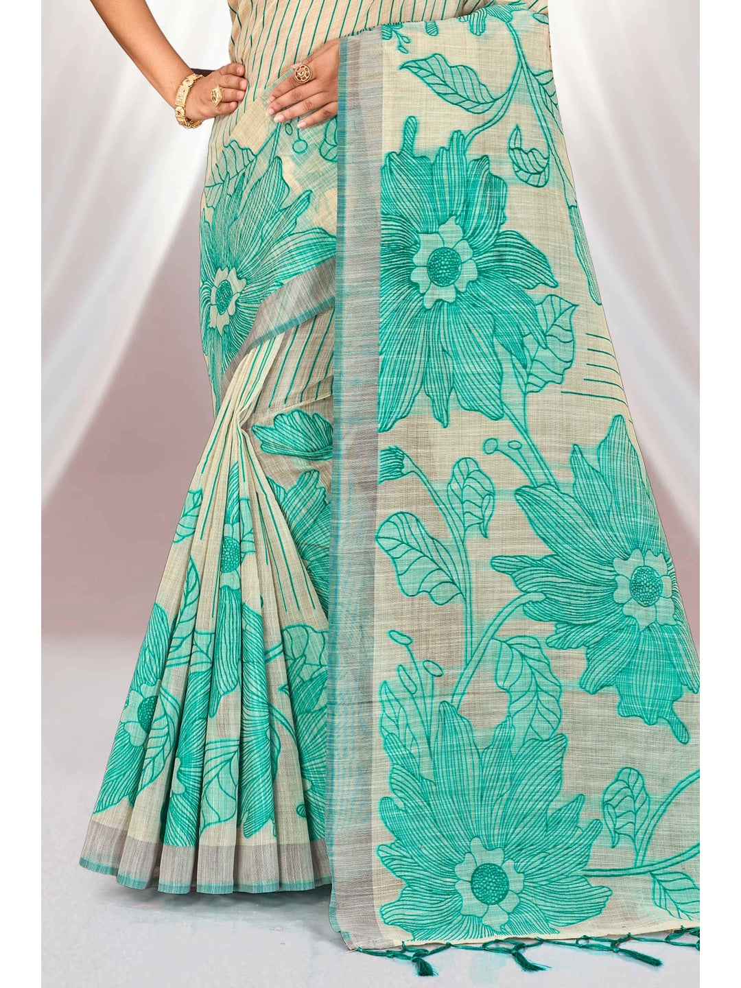 Peachmode Aqua Green Cotton Blend Aarika Cotton Saree - Image 3