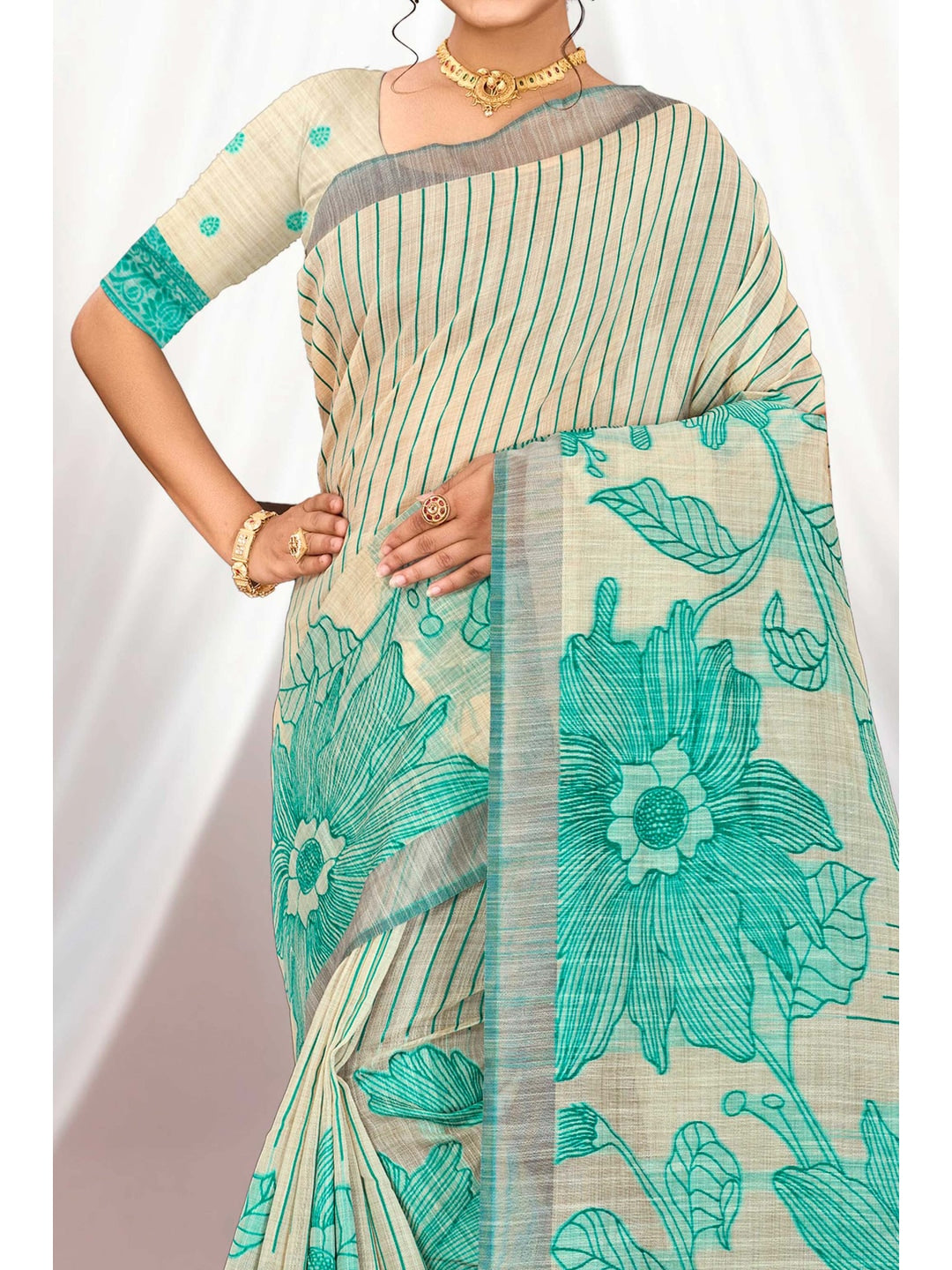 Peachmode Aqua Green Cotton Blend Aarika Cotton Saree - Image 5