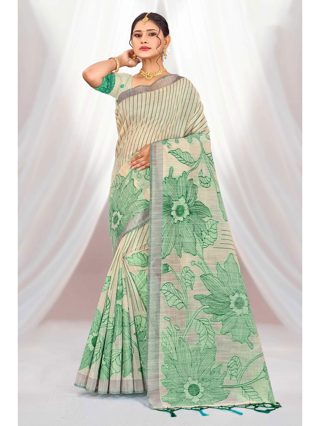 Peachmode Green Cotton Blend Aarika Cotton Saree - Image 1