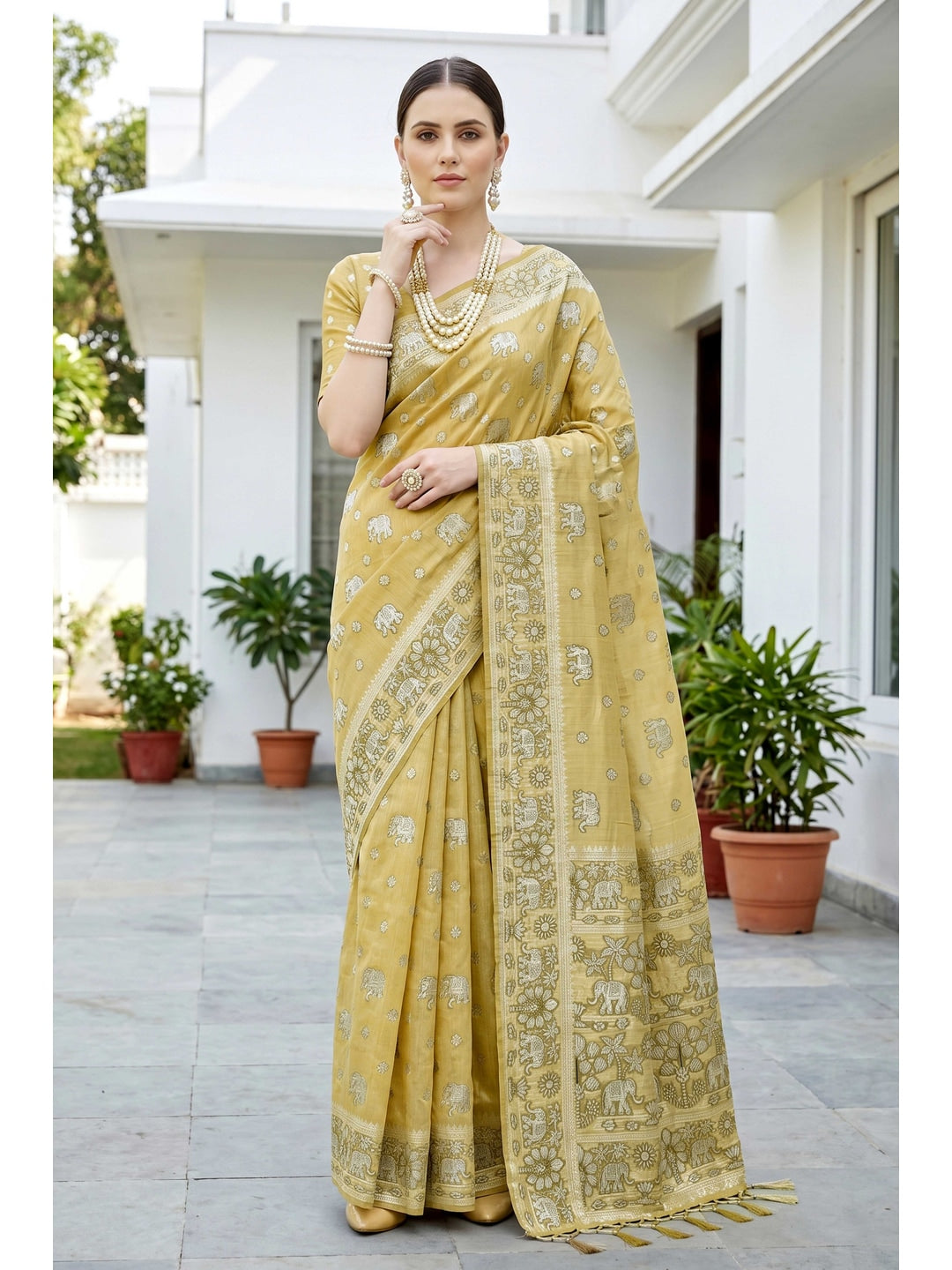 Peachmode Yellow Cotton Blend Aarna Saree - Image 1