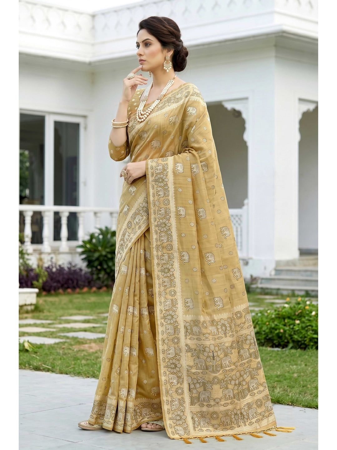 Peachmode Beige Cotton Blend Aarna Saree - Image 3