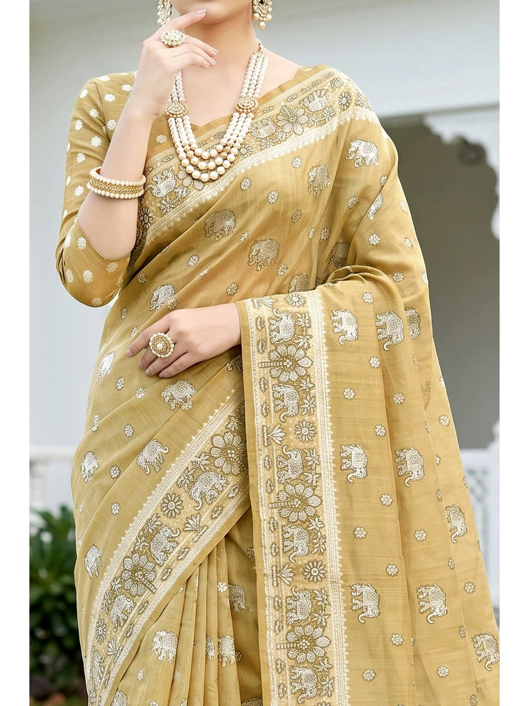 Peachmode Beige Cotton Blend Aarna Saree - Image 5