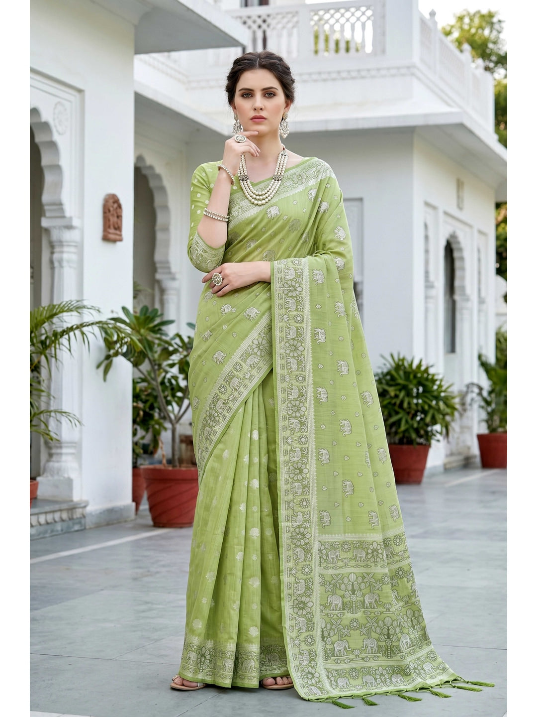 Peachmode Green Cotton Blend Aarna Saree - Image 1