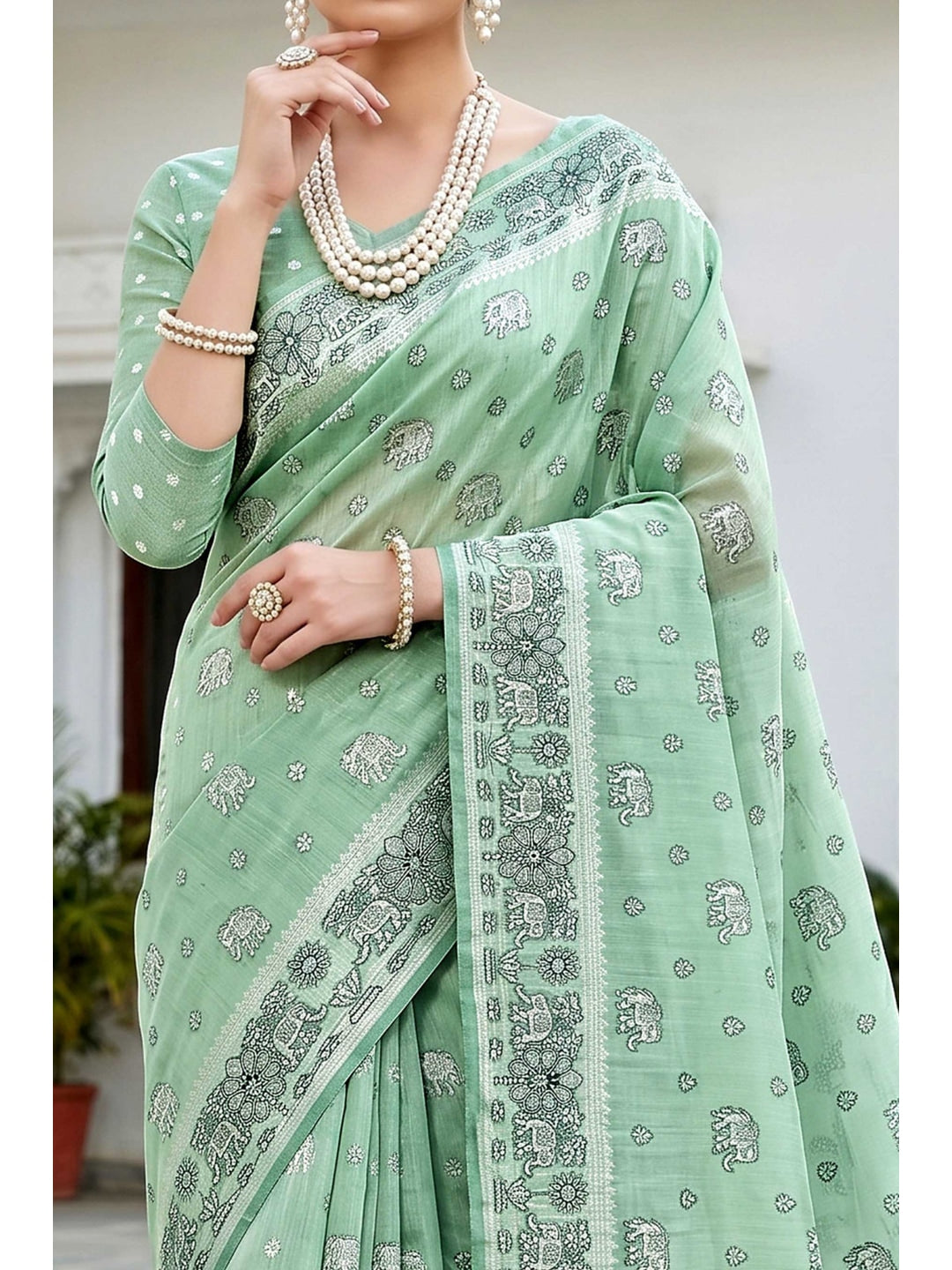 Peachmode Green Cotton Blend Aarna Saree - Image 5