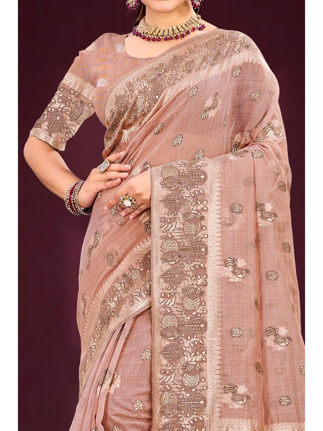 Peachmode Pink Cotton Blend Aarohi cotton Saree - Image 4