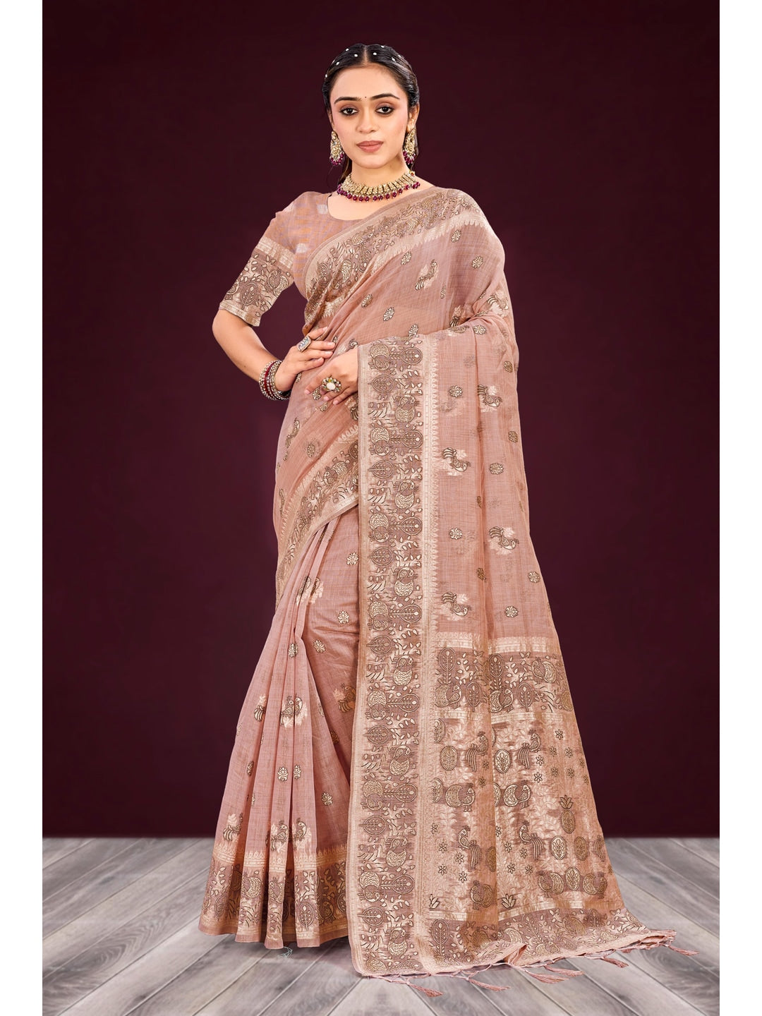 Peachmode Pink Cotton Blend Aarohi cotton Saree - Image 1