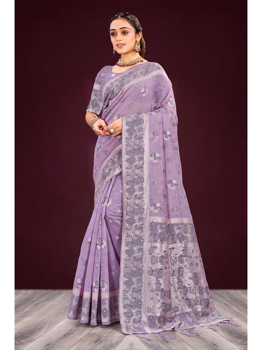 Peachmode Lavender Cotton Blend Aarohi cotton Saree - Image 1