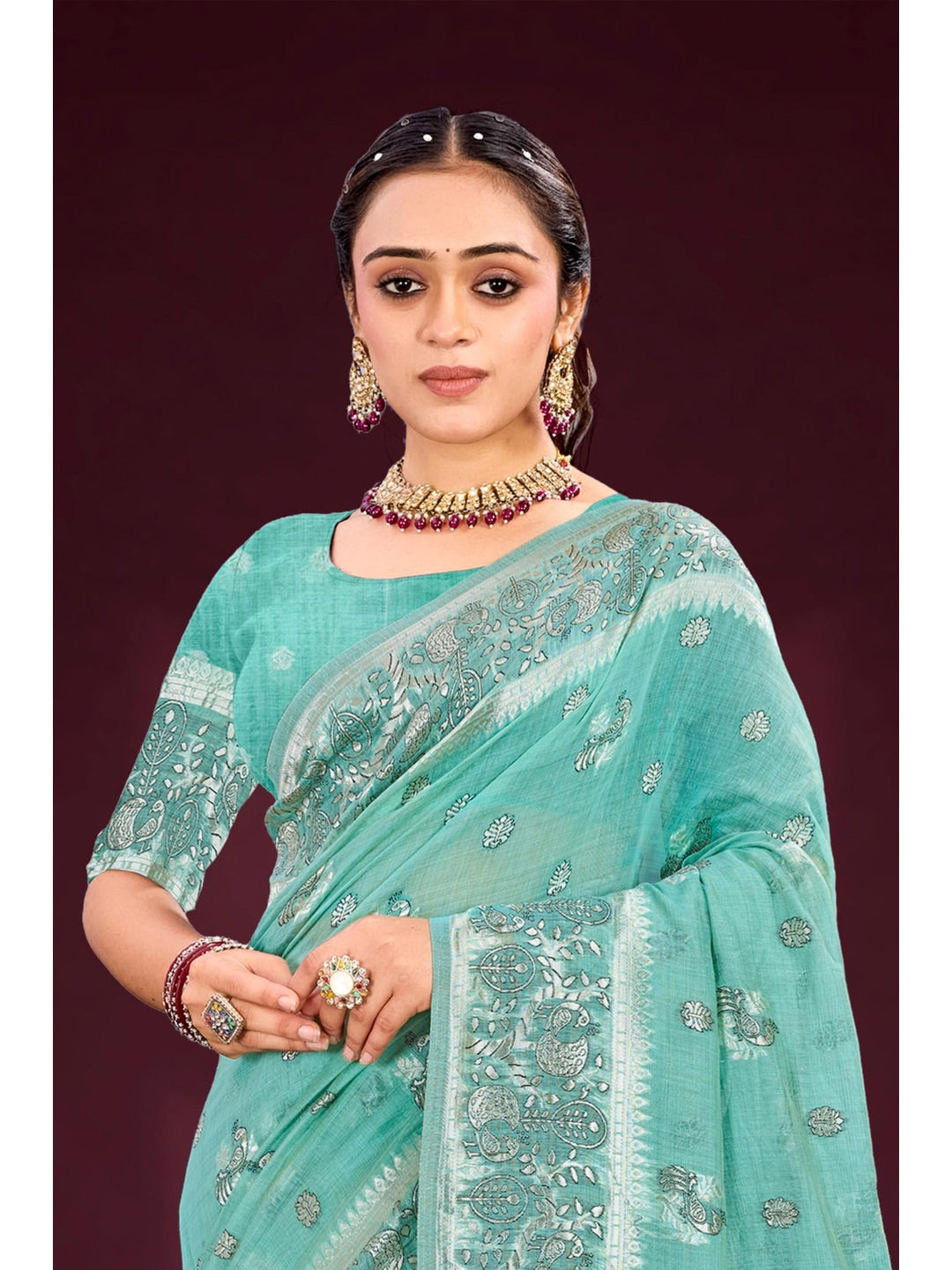 Peachmode Aqua Blue Cotton Blend Aarohi cotton Saree - Image 2