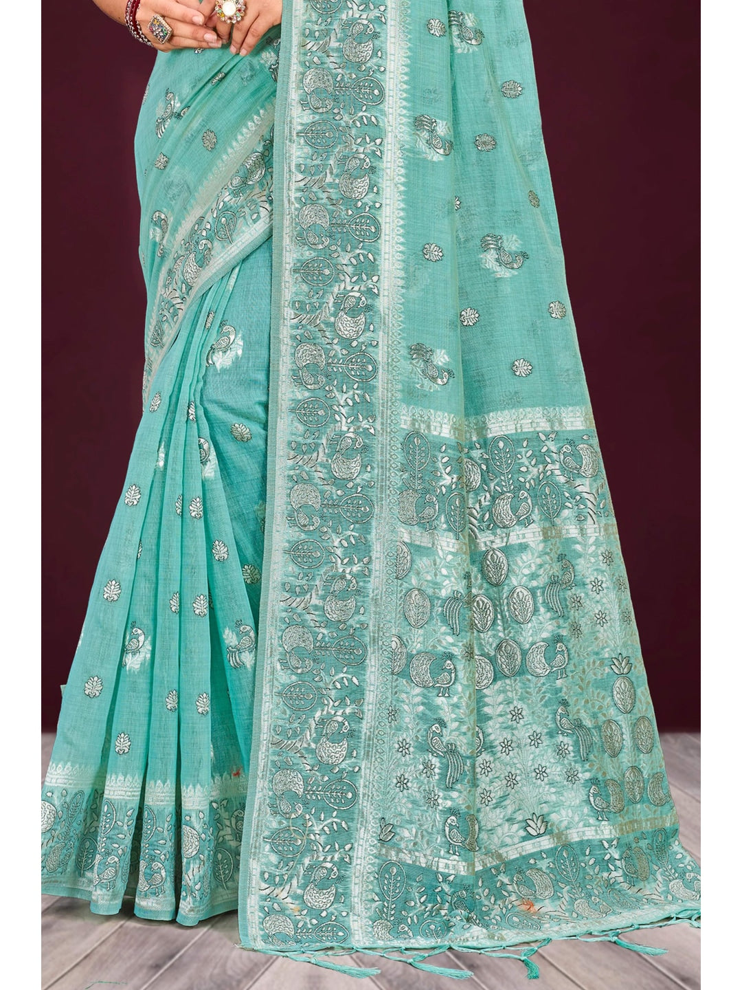 Peachmode Aqua Blue Cotton Blend Aarohi cotton Saree - Image 3