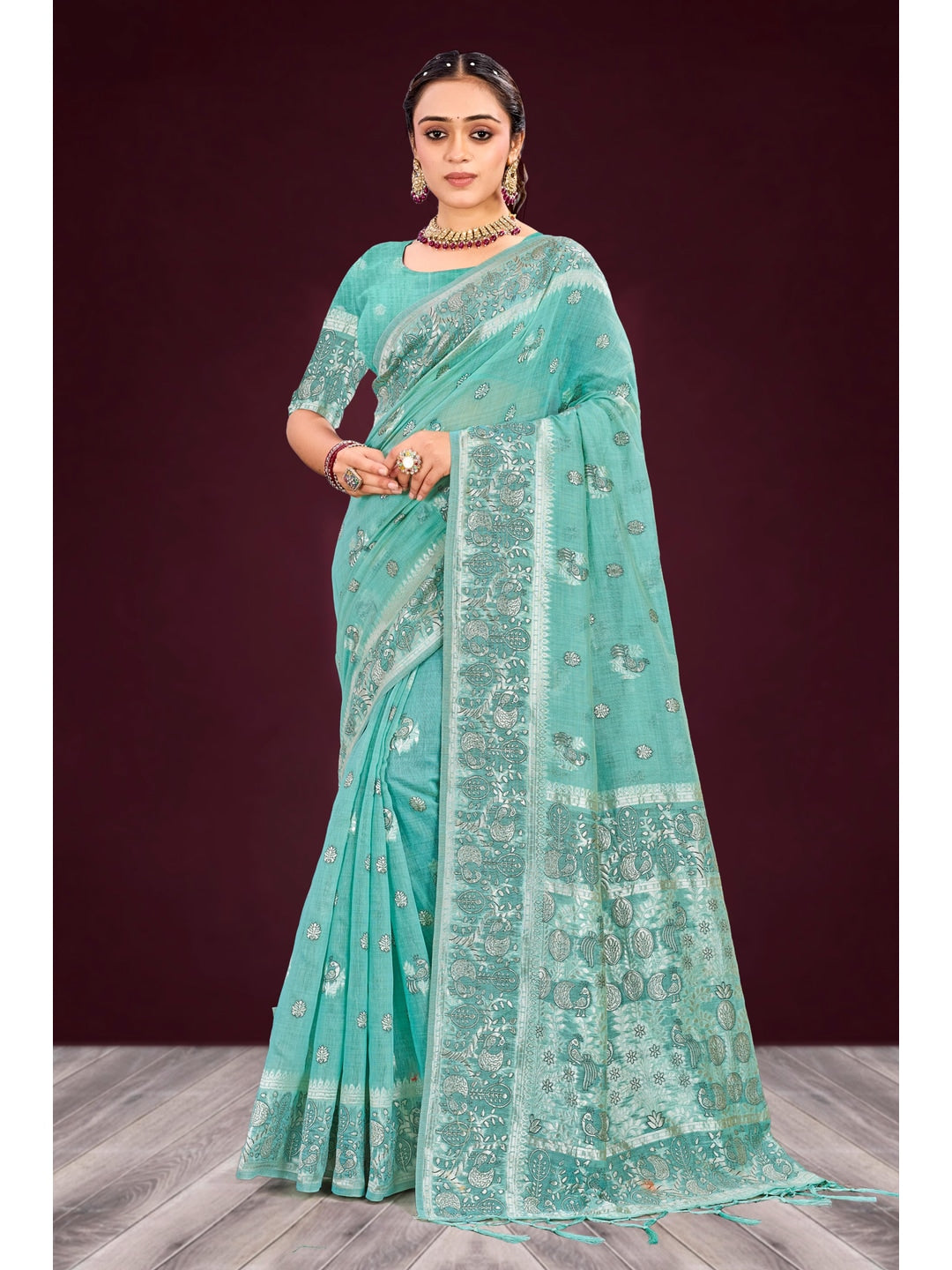 Peachmode Aqua Blue Cotton Blend Aarohi cotton Saree - Image 1